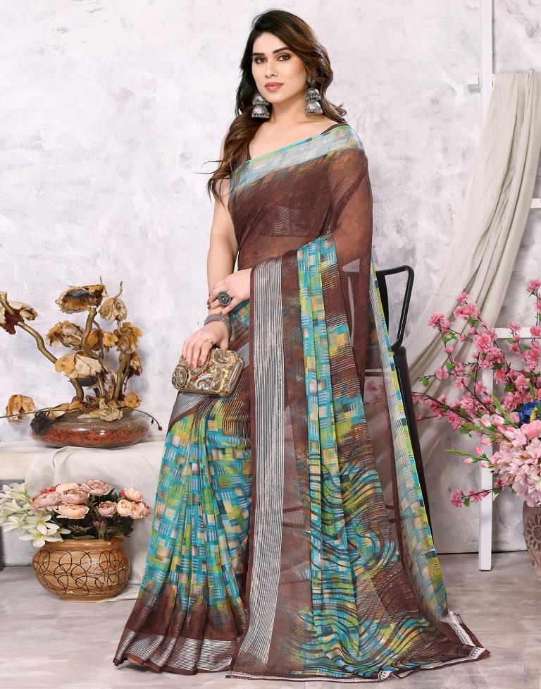 Brown Chiffon Printed Saree