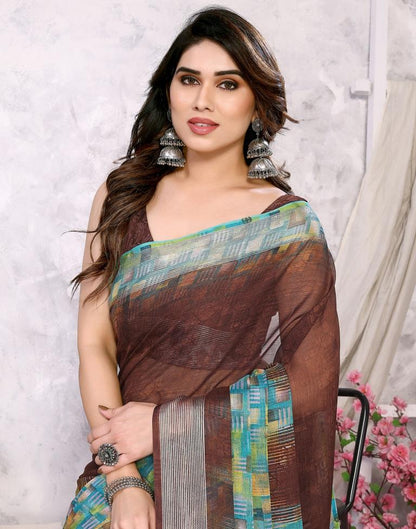 Brown Chiffon Printed Saree