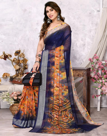 Blue Chiffon Printed Saree