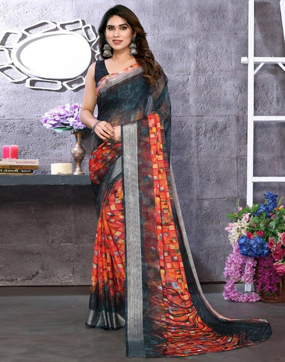 Dark Green Chiffon Printed Saree