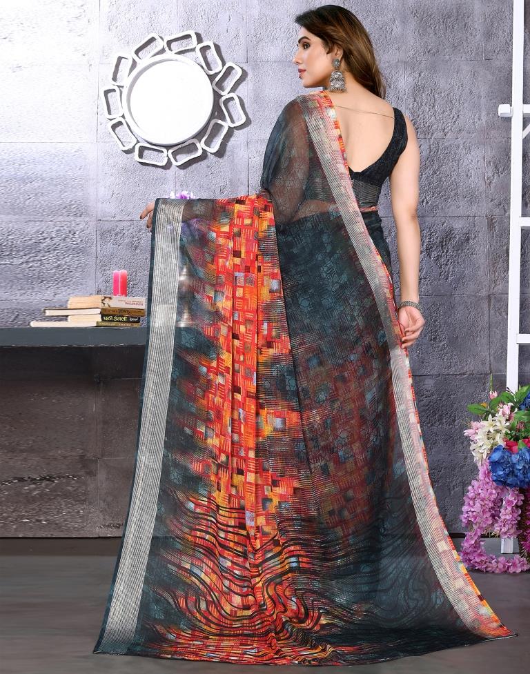 Dark Green Chiffon Printed Saree