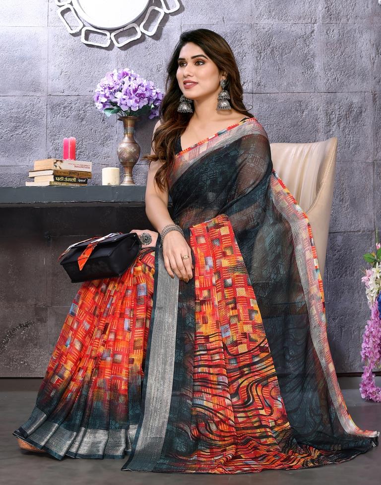 Dark Green Chiffon Printed Saree