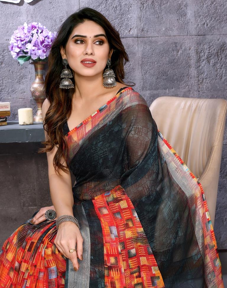Dark Green Chiffon Printed Saree