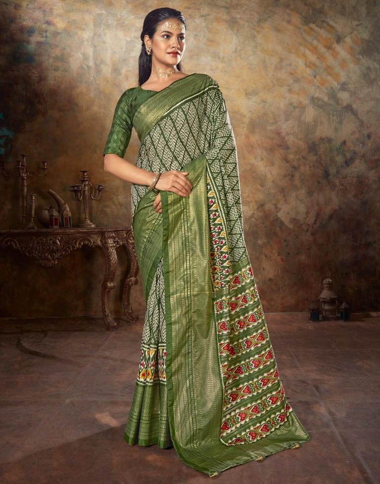 Olive Green Printed Silk Banarasi Saree