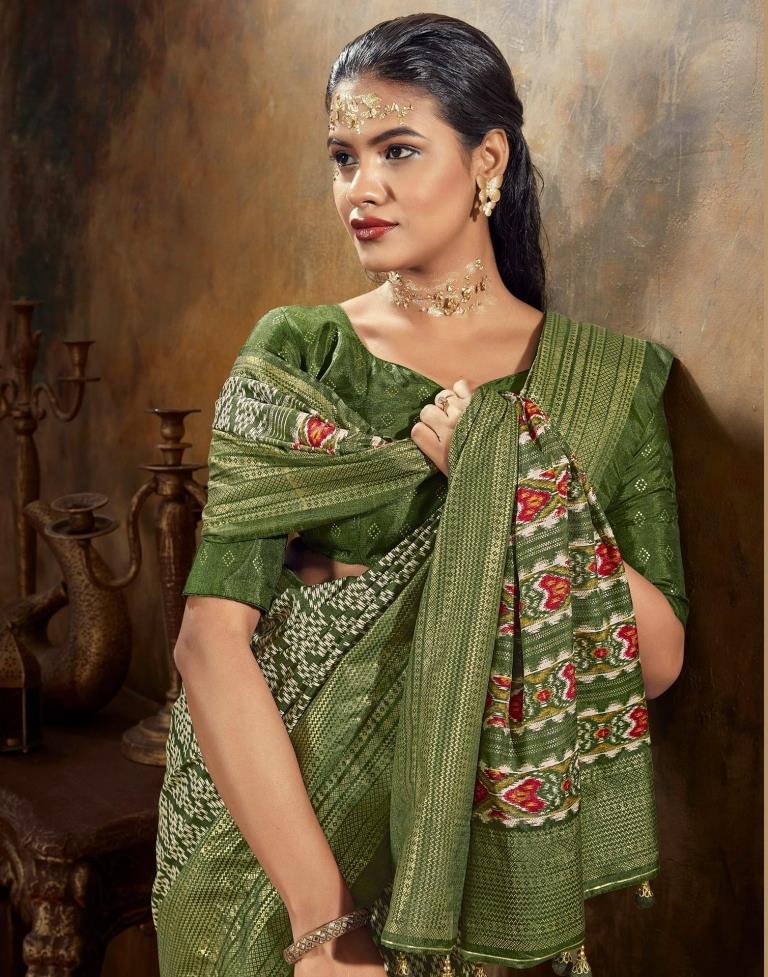 Olive Green Printed Silk Banarasi Saree