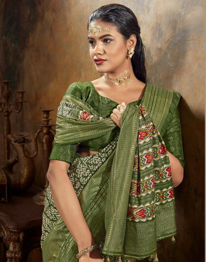 Olive Green Printed Silk Banarasi Saree