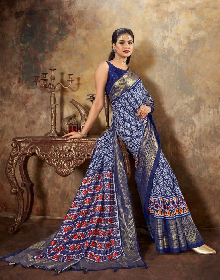 Blue Printed Silk Banarasi Saree