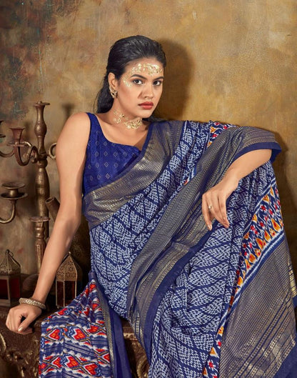 Blue Printed Silk Banarasi Saree