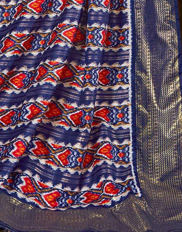 Blue Printed Silk Banarasi Saree