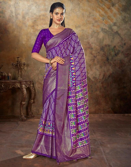 Purple Printed Silk Banarasi Saree