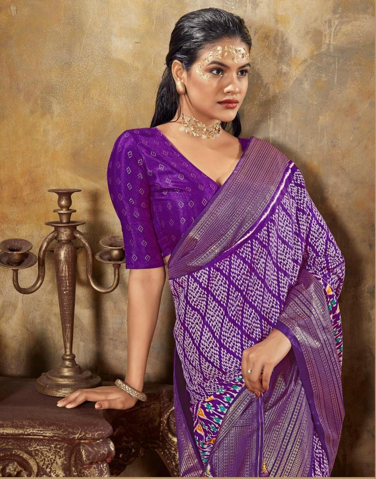 Purple Printed Silk Banarasi Saree