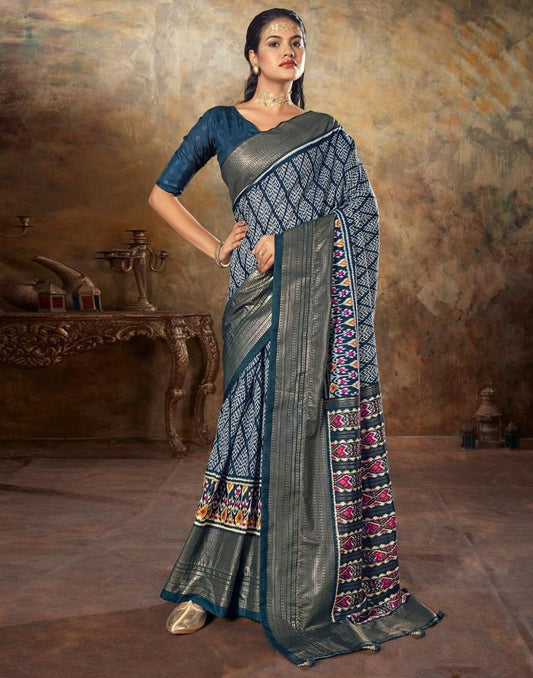 Navy Blue Printed Silk Banarasi Saree