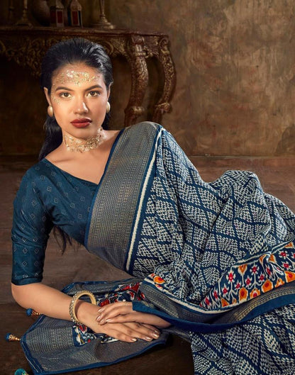 Navy Blue Printed Silk Banarasi Saree