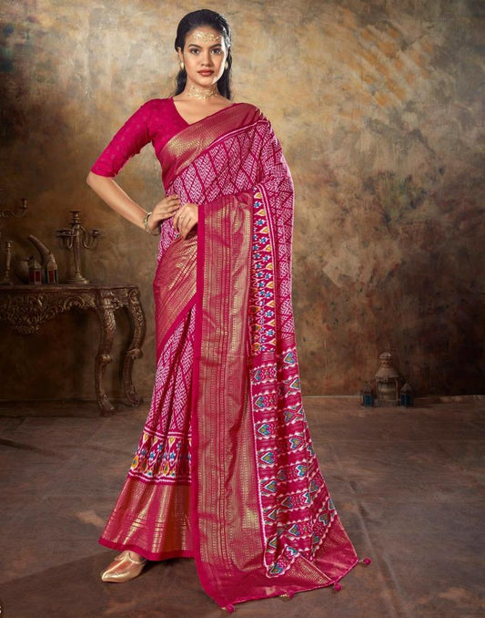Pink Printed Silk Banarasi Saree