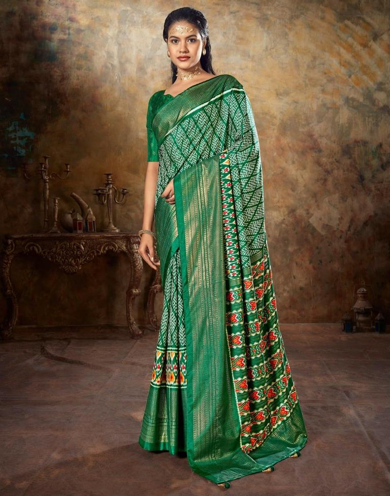 Green Printed Silk Banarasi Saree