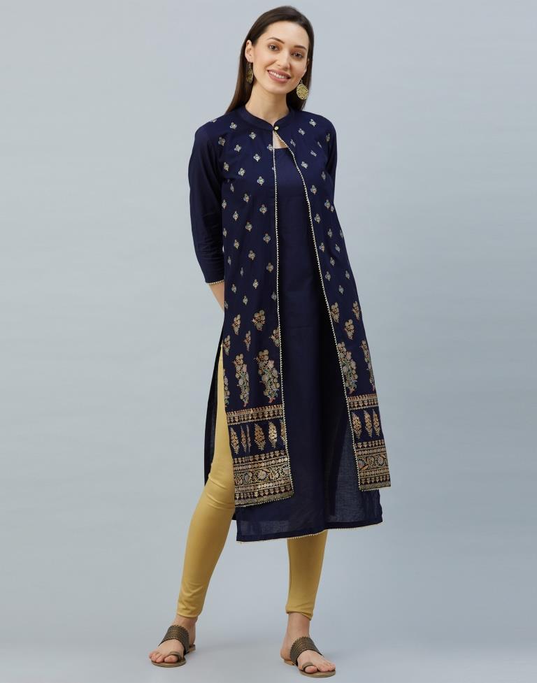 Enticing Navy Blue Coloured Digital & Foil Printed Cotton Kurti | Leemboodi