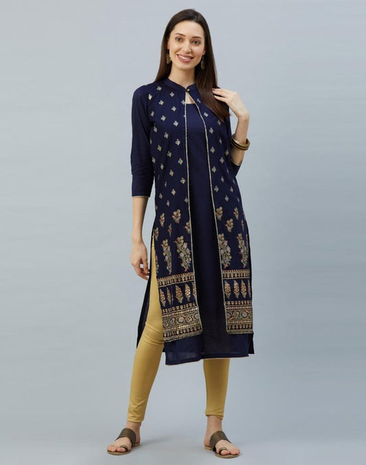 Enticing Navy Blue Coloured Digital & Foil Printed Cotton Kurti | Leemboodi