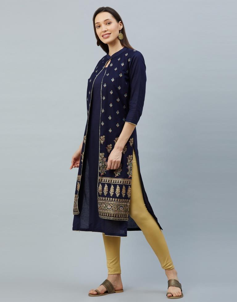 Enticing Navy Blue Coloured Digital & Foil Printed Cotton Kurti | Leemboodi