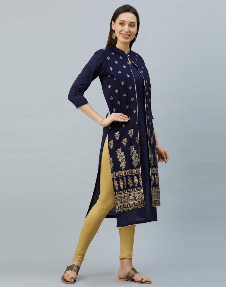 Enticing Navy Blue Coloured Digital & Foil Printed Cotton Kurti | Leemboodi