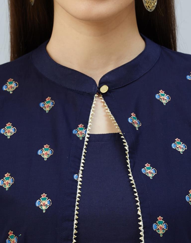 Enticing Navy Blue Coloured Digital & Foil Printed Cotton Kurti | Leemboodi