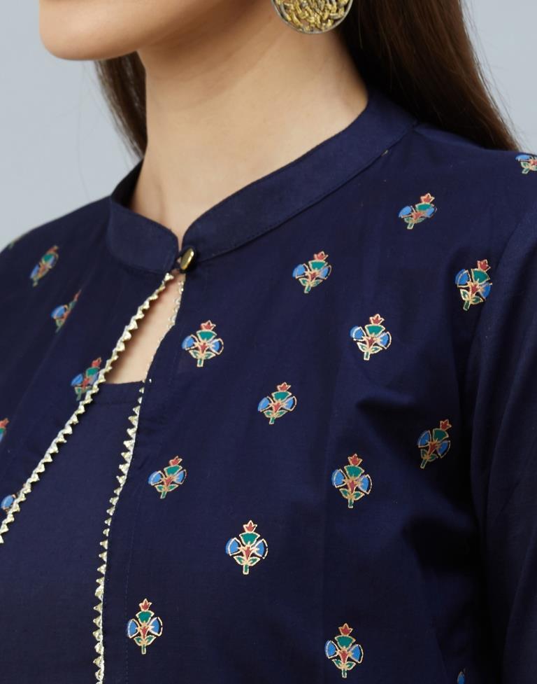 Enticing Navy Blue Coloured Digital & Foil Printed Cotton Kurti | Leemboodi