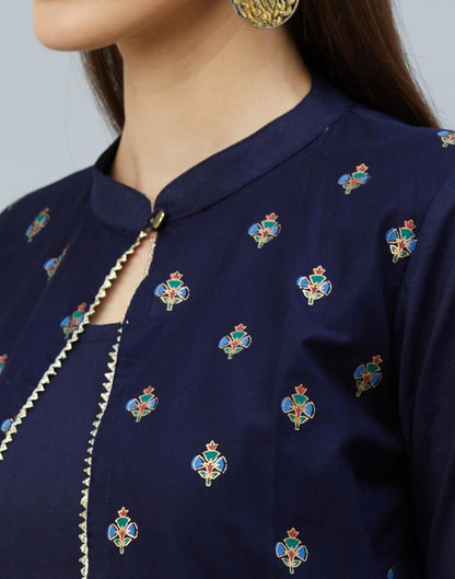 Enticing Navy Blue Coloured Digital & Foil Printed Cotton Kurti | Leemboodi