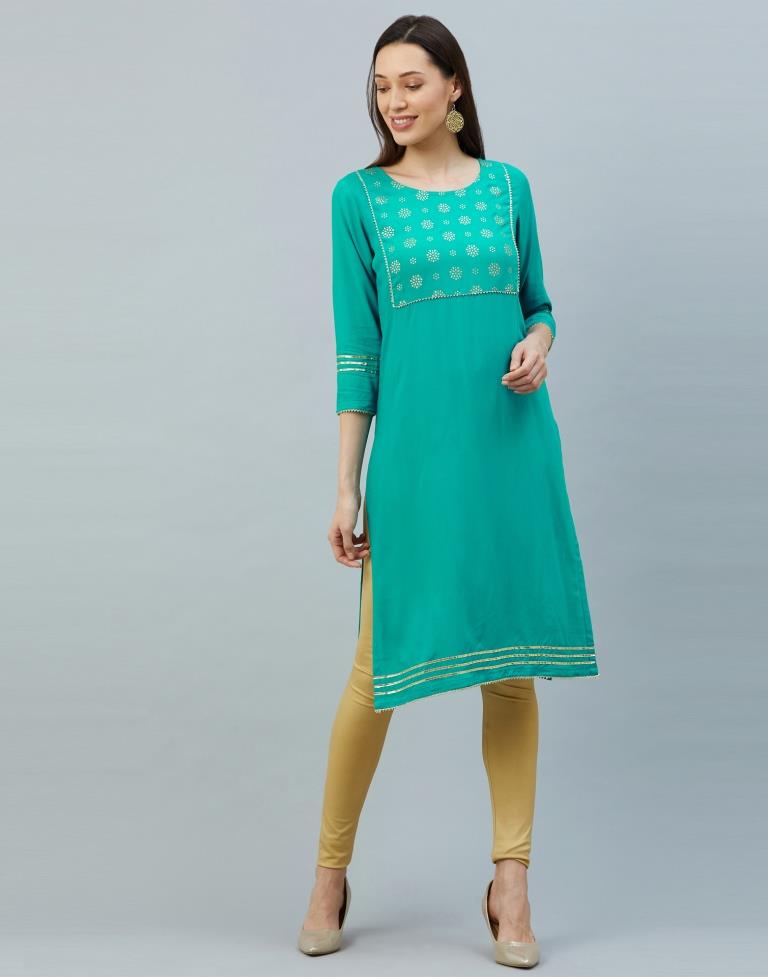 Enchanting Persian Green Coloured Foil Printed Rayon Kurti | Leemboodi