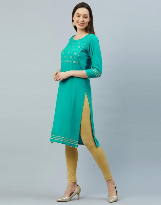 Enchanting Persian Green Coloured Foil Printed Rayon Kurti | Leemboodi