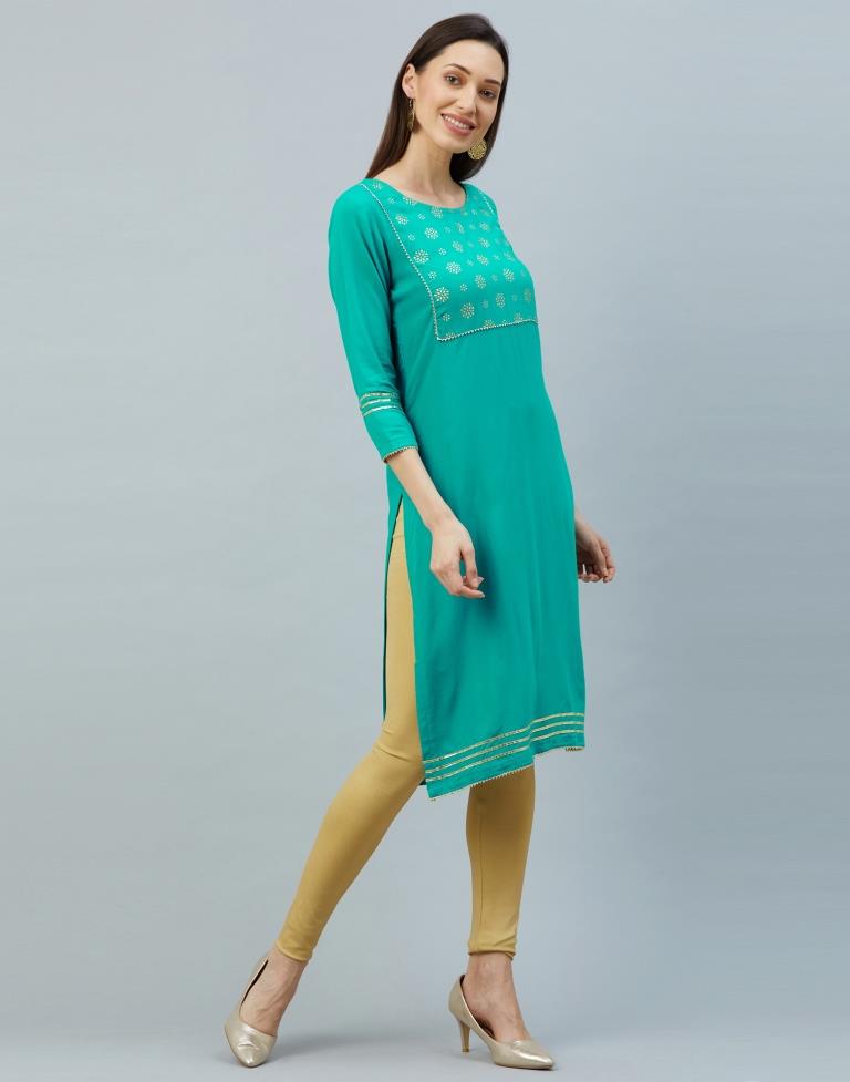 Enchanting Persian Green Coloured Foil Printed Rayon Kurti | Leemboodi