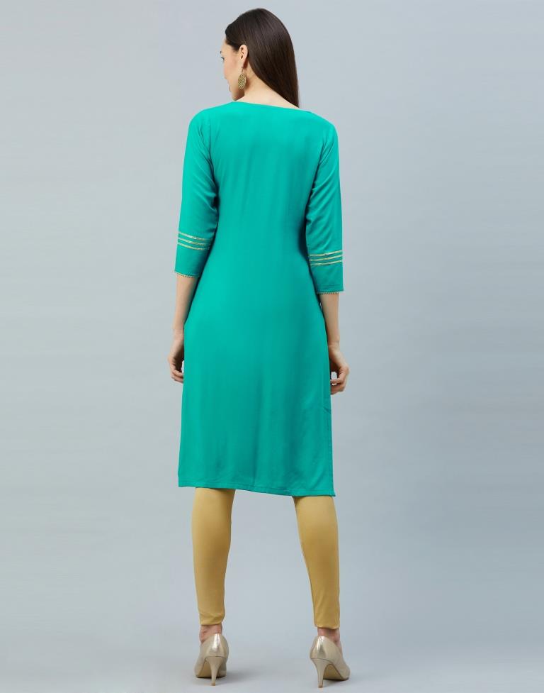 Enchanting Persian Green Coloured Foil Printed Rayon Kurti | Leemboodi