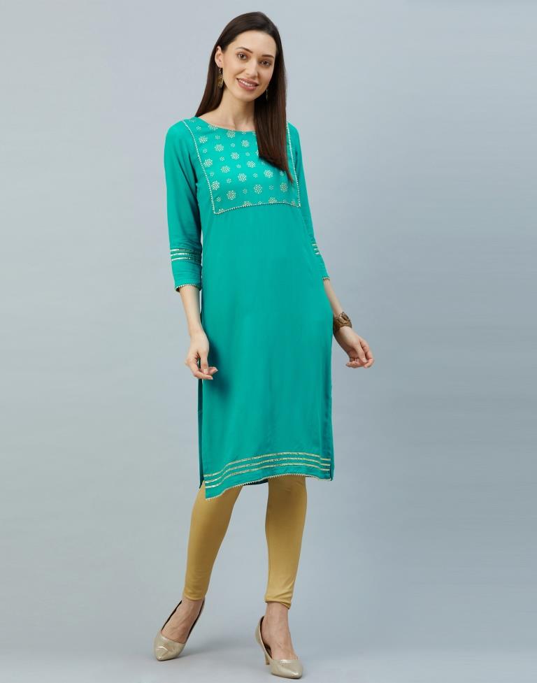 Enchanting Persian Green Coloured Foil Printed Rayon Kurti | Leemboodi