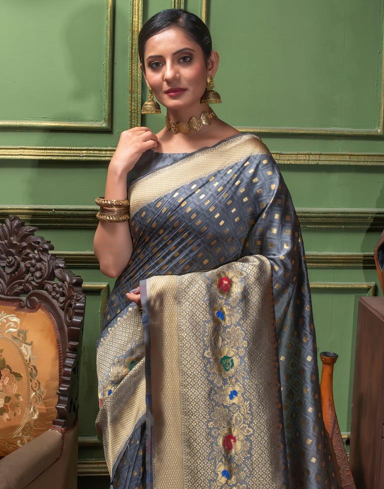 Grey Weaving Silk Banarasi Saree