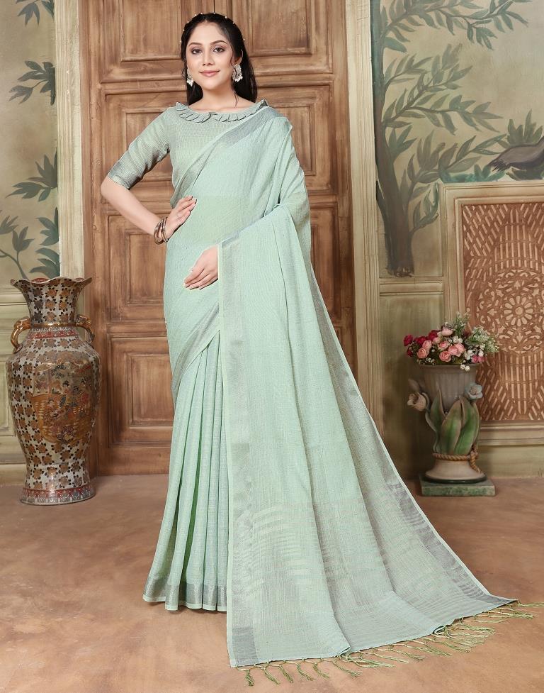 Light Green Cotton Self Woven Saree