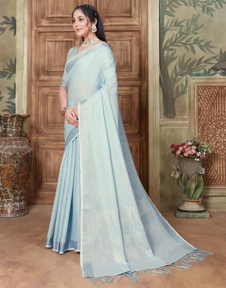 Light Blue Cotton Self Woven Saree