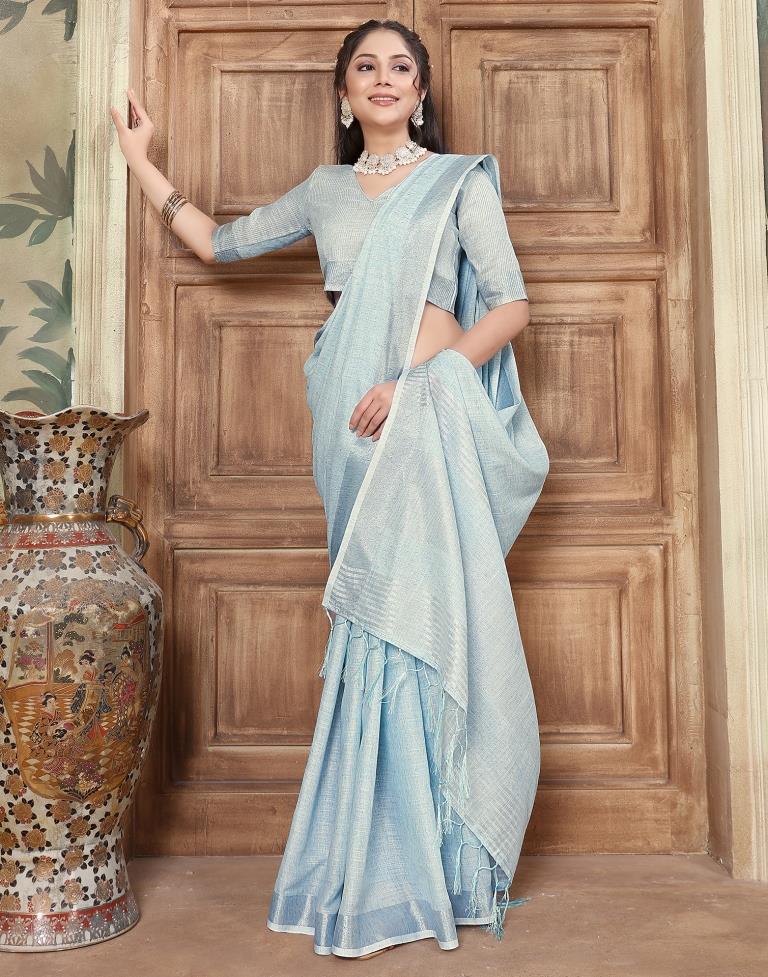 Light Blue Cotton Self Woven Saree