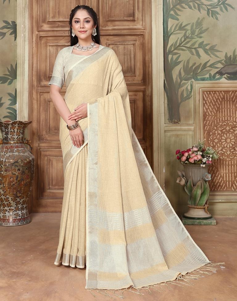Light Yellow Cotton Self Woven Saree