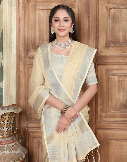 Light Yellow Cotton Self Woven Saree