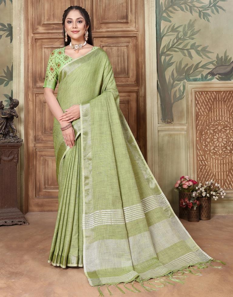 Green Linen Plain Saree