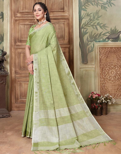 Green Linen Plain Saree