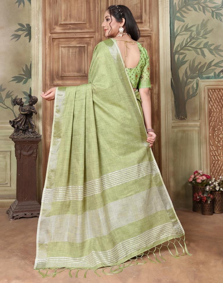 Green Linen Plain Saree