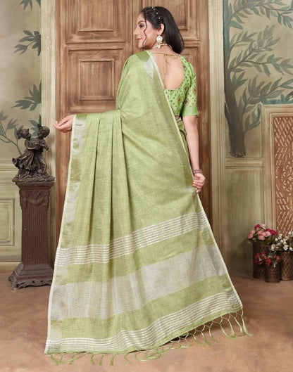 Green Linen Plain Saree
