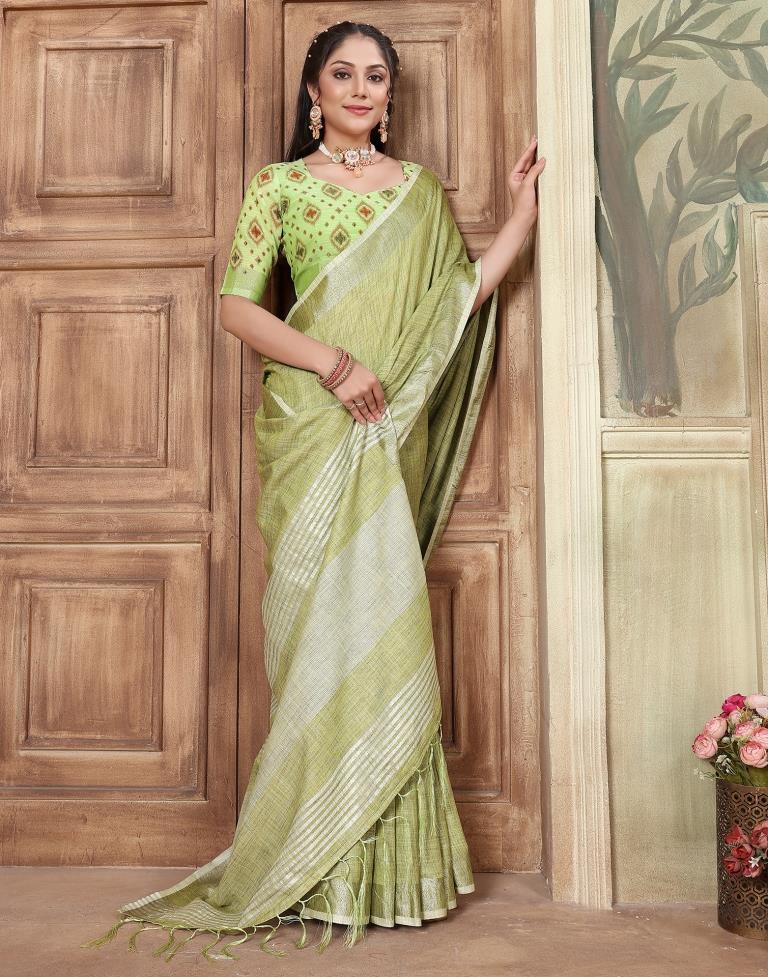 Green Linen Plain Saree