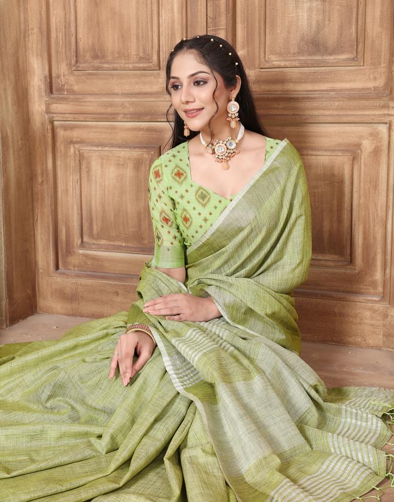 Green Linen Plain Saree