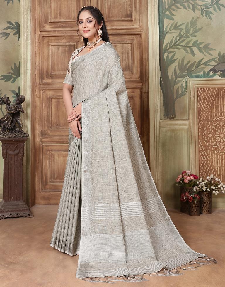 Grey Linen Plain Saree