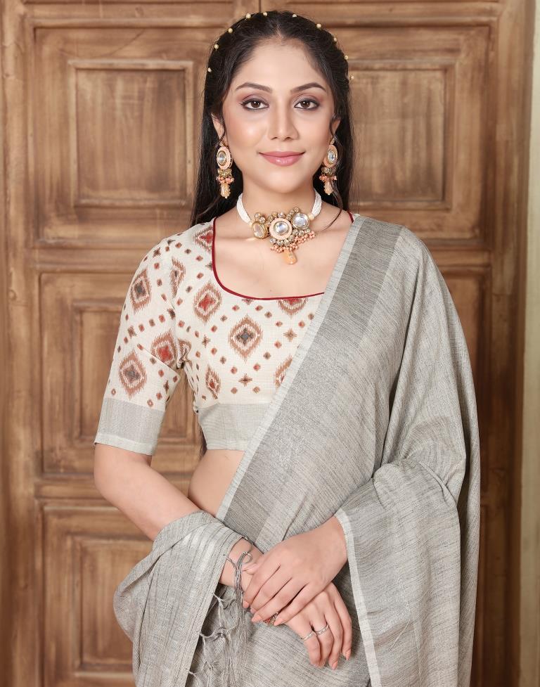 Grey Linen Plain Saree