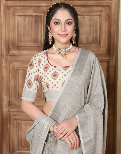 Grey Linen Plain Saree