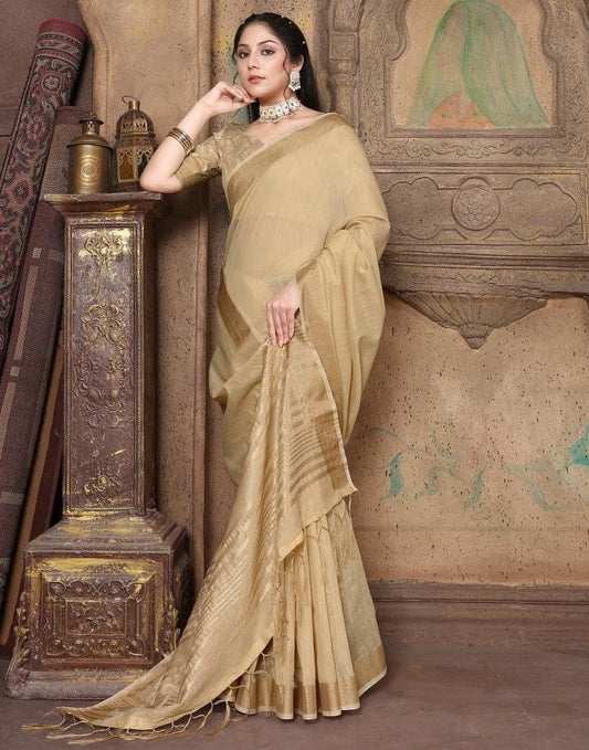 Beige Linen Self Woven Saree