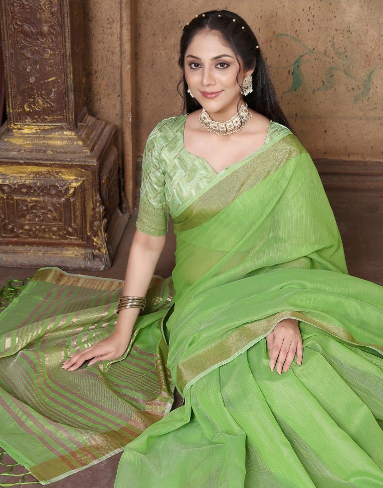 Green Linen Self Woven Saree