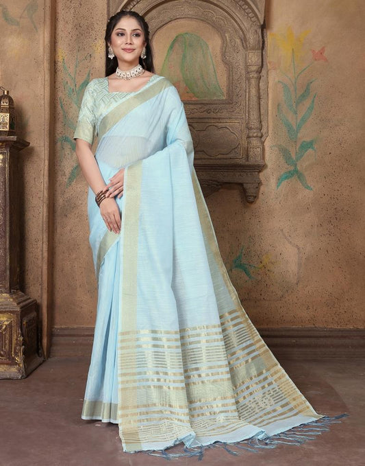 Sky Blue Linen Self Woven Saree
