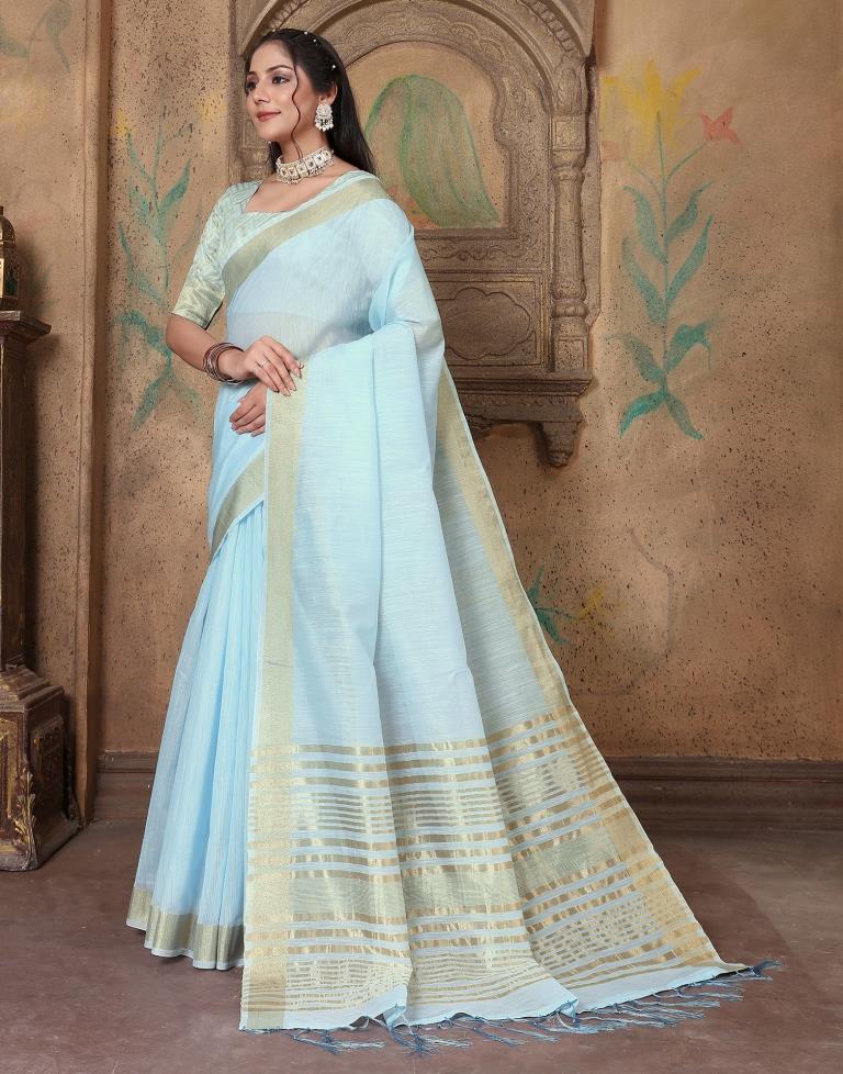 Sky Blue Linen Self Woven Saree